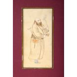 A GOOD SAFAVID MINIATURE PAINTING OF A MAN HOLDING FLOWERS, image 12cm x 6cm.