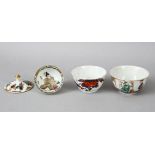 FOUR 19TH CENTURY CHINESE FAMILLE ROSE PORCELAIN BOWLS & ONE COVER, a mandarin decorated bowl, 7.5cm
