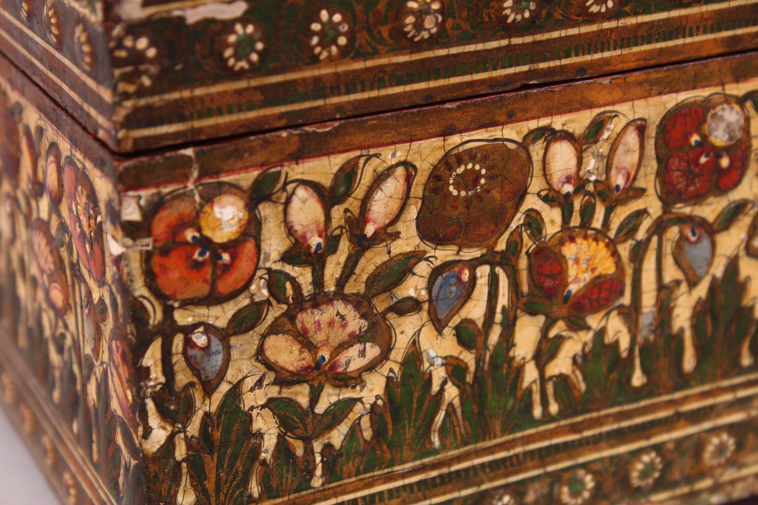 AN EARLY 19TH CENTURY KASHMIRI LACQUER BOX, painted with peacocks and flowers, with a fitted - Image 5 of 7