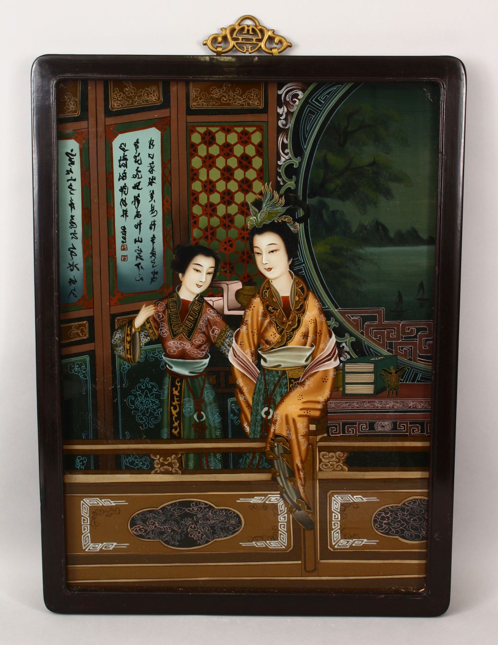 A 20TH CENTURY CHINESE REVERSE PAINTED GLASS HANGING PICTURE, depicting the scene of two ladies