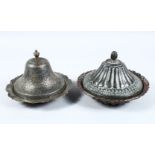 TWO EARLY ISLAMIC CIRCULAR DISH & COVERS, one with chased floral decoration 14.5cm high x 19cm