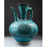 A SUPERB 13TH CENTURY RAQQA SYRIA POTTERY EWER, of bulbous form, rope twist handle, tapering