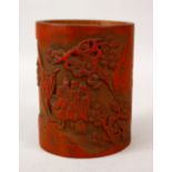 A 19TH CENTURY CHINESE CANTON CARVED BAMBOO BRUSH POT, the body of the pot with carved decoration