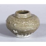 A SMALL 16TH CENTURY OR EARLIER CHINESE CELADON JAR, the body of the jar ith relief decoration,