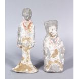 TWO EARLY CHINESE TANG STYLE POTTERY FIGURES OF WARRIORS / FIGURES, both with worn signs of