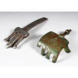 A SELJUK BRONZE RAKE IN THE FORM OF A HAND, with incised and silver inlaid decoration, 11.5cm