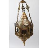 A LATE 19TH CENTURY ISLAMIC DAMASCUS/CAIROWARE MAMLUK REVIVAL BRASS HANGING LAMP, with silver and
