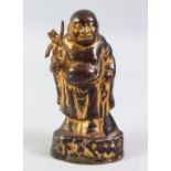A GOOD 19TH CENTURY OR EARLIER CHINESE GILT BRONZE FIGURE OF BUDDHA, stood upon a base, holding a