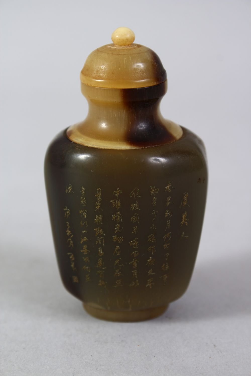 A GOOD CHINESE 19TH / EARLY 20TH CENTURY CARVED RHINOCEROS HORN & HORN SNUFF BOTTLE, the bottle with - Image 2 of 4