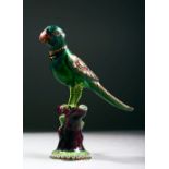 A FINE 20TH CENTURY INDIAN GEM SET SILVER AND ENAMEL MODEL OF A PARROT ON A TREE STUMP, 15.5cm