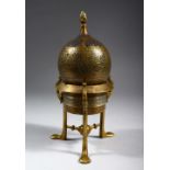A SYRIAN BRONZE INCENSE BURNER ON STAND, with pierced and engraved decoration, the stand with