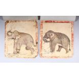 A PAIR OF 18TH CENTURY MINIATURE PAINTINGS OF ELEPHANTS AND SNAKES, unframed, 15cm x 13.5cm each.