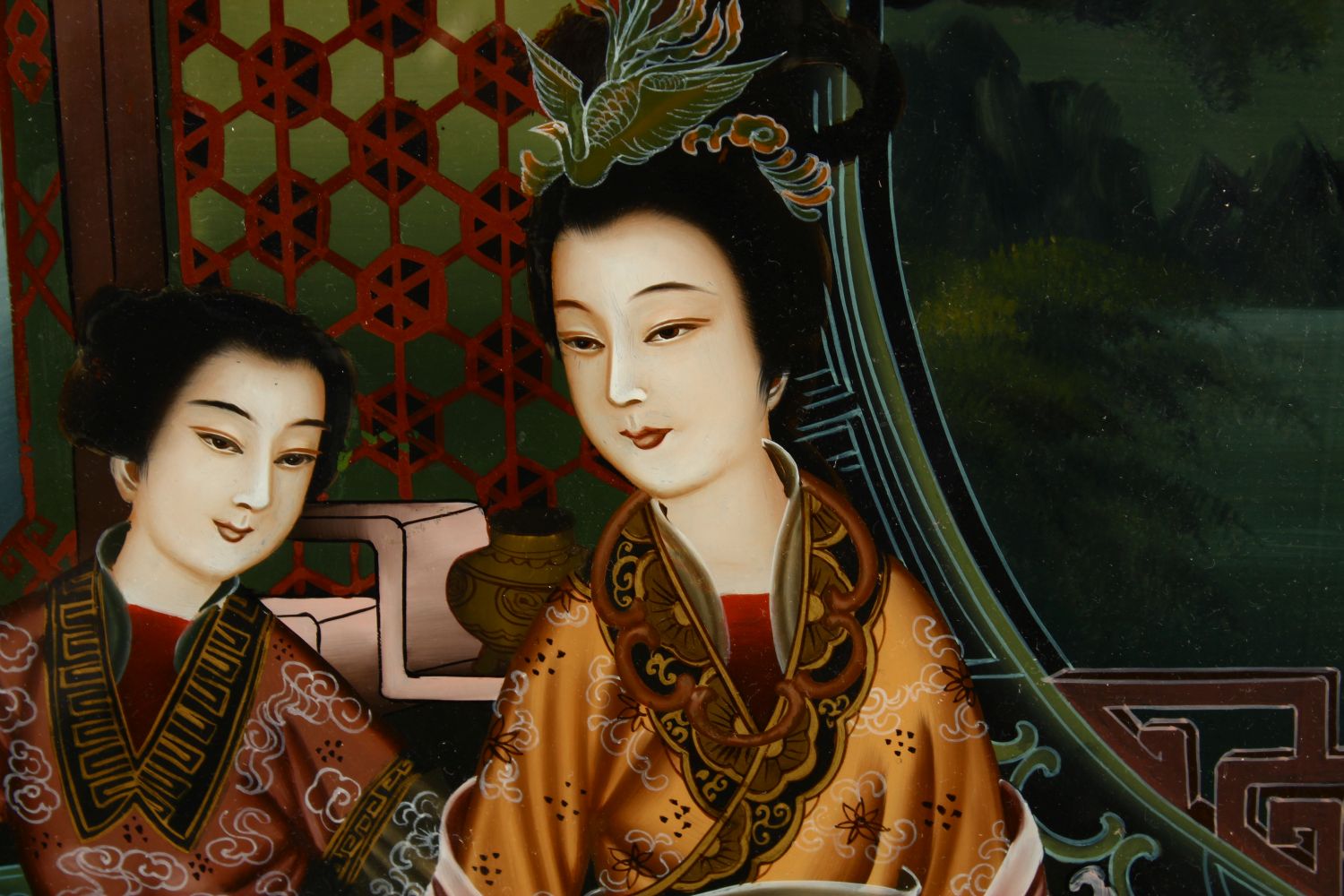 A 20TH CENTURY CHINESE REVERSE PAINTED GLASS HANGING PICTURE, depicting the scene of two ladies - Image 2 of 3