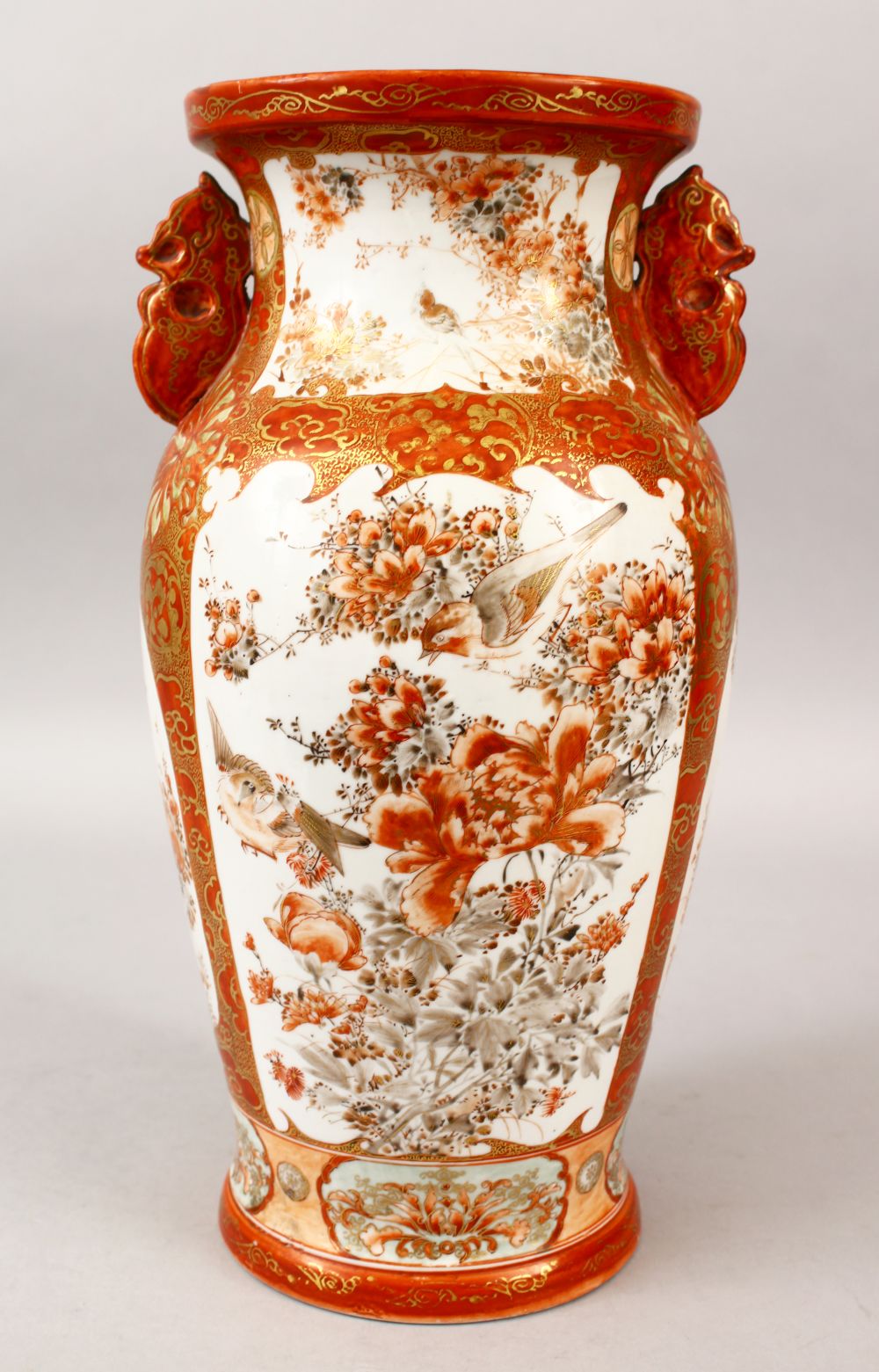 A JAPANESE MEIJI PERIOD KUTANI PORCELAIN VASE, the vase with tin moulded handles, and with two