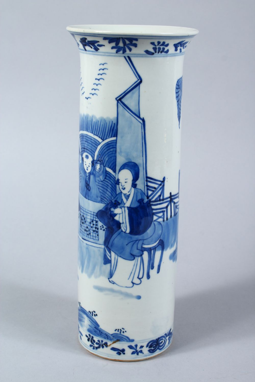 A 19TH CENTURY CHINESE BLUE & WHITE PORCELAIN CYLINDRICAL VASE, the vase decorated with scenes of - Image 4 of 8