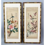 A PAIR OF 20TH CENTURY CHINESE WATERCOLOUR ON FABRIC PICTURES, each picture framed in bamboo style