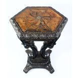 A 19TH CENTURY ANGLO - INDIAN EBONY & EXOTIC WOOD HEXAGONAL TABLE, the top inlaid with a swirl of