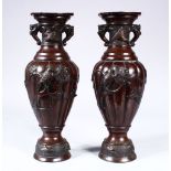 A PAIR OF JAPANESE MEIJI PERIOD BRONZE TWIN HANDLE VASES, the vases with decoration in relief