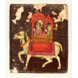 A 19TH CENTURY INDIAN MUGHAL MINIATURE FRAMED ART PAINTING, depicting two figures riding upon