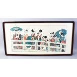 A GOOD JAPANESE MEIJI PERIOD WOODBLOCK PRINT FRAMED TRYPTYCH, the framed prints depicting scenes