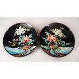 A PAIR OF JAPANESE LATE MEIJI PERIOD CLOISONNE DISHES, the dishes with a black ground with a display