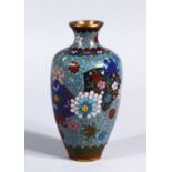 A SMALL JAPANESE MEIJI PERIOD CLOISONNE VASE, the vase with a turquoise ground with decoration