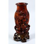 A GOOD 19TH / 20TH CENTURY CHINESE CARVED SOAPSTONE VASE, the vase with carved decoration in