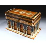 A 20TH CENTURY INLAID JEWELLERY BOX, with arcadian design decoration, 20cm wide.