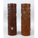 A PAIR OF 19TH CENTURY CHINESE BAMBOO & MOTHER 0F PEARL BRUSH POTS, carved in relief with scenes