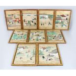 NINE 19TH CENTURY CHINESE FRAMED HAND PAINTED PICTURES OF VILLAGE LIFE, each picture on gouache
