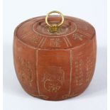 A GOOD CHINESE YIXING TEA CADDY & COVER, the body of the vessel with symbolic decoration and chinese