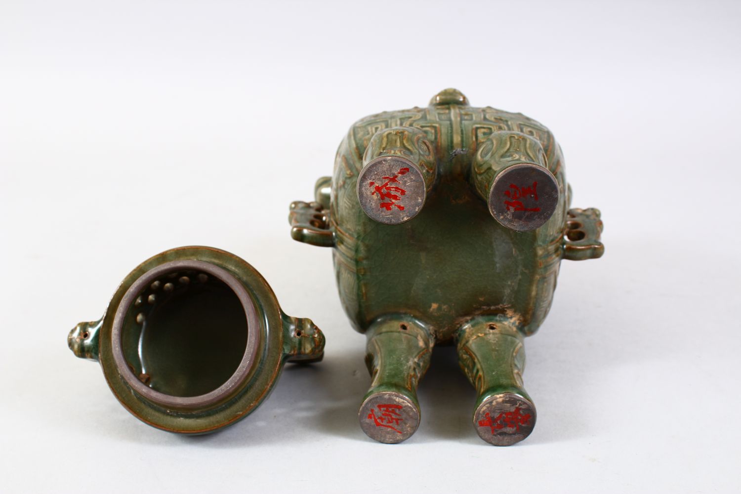 A GOOD CHINESE LONGQUAN PORCELAIN INCENSE BURNER, with moulded archaic style design with moulded - Image 7 of 7