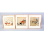THREE 19TH CENTURY CHINESE WATERCOLOUR PAINTED PICTURES ON PAPER, the pictures depicting scenes of