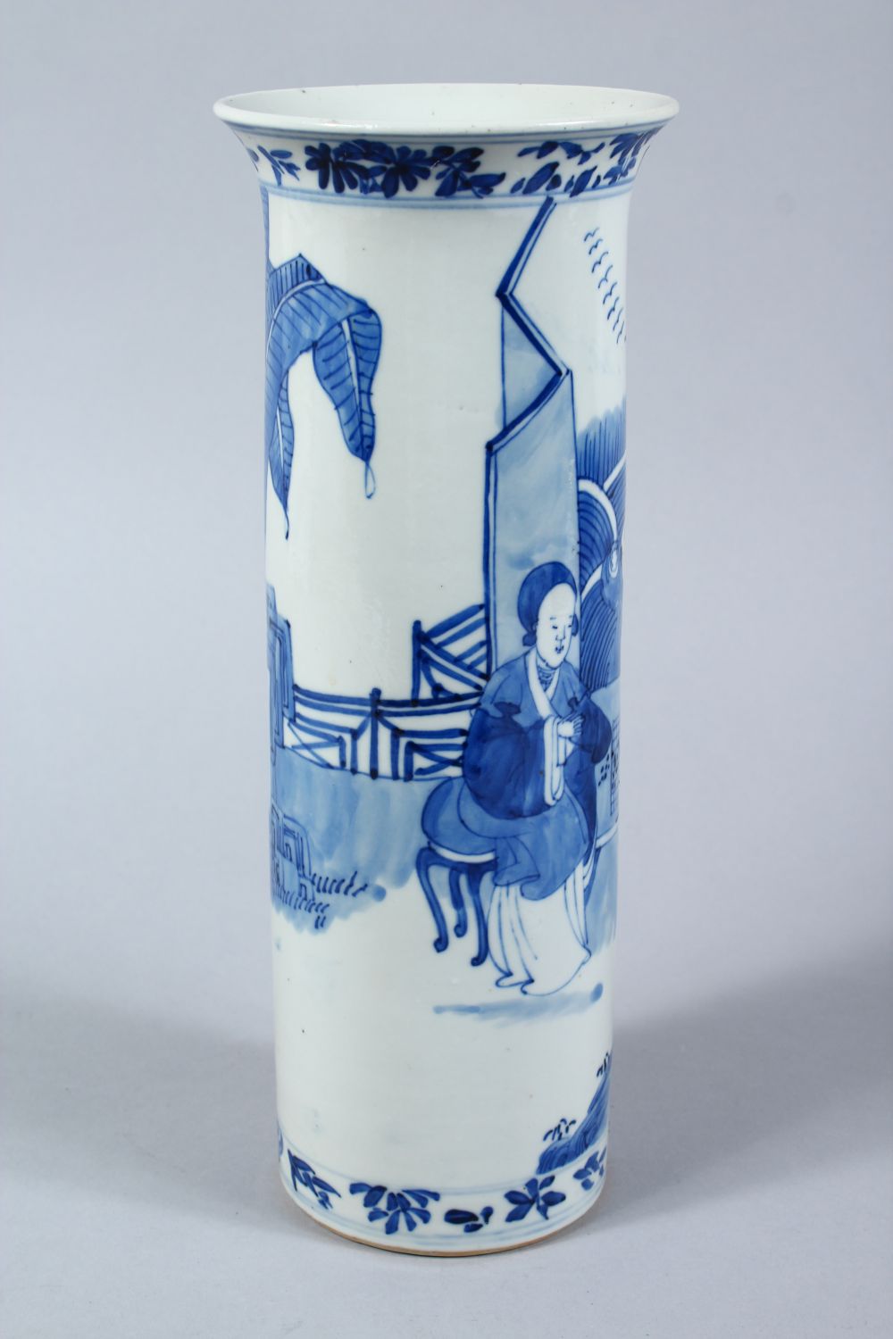 A 19TH CENTURY CHINESE BLUE & WHITE PORCELAIN CYLINDRICAL VASE, the vase decorated with scenes of - Image 2 of 8