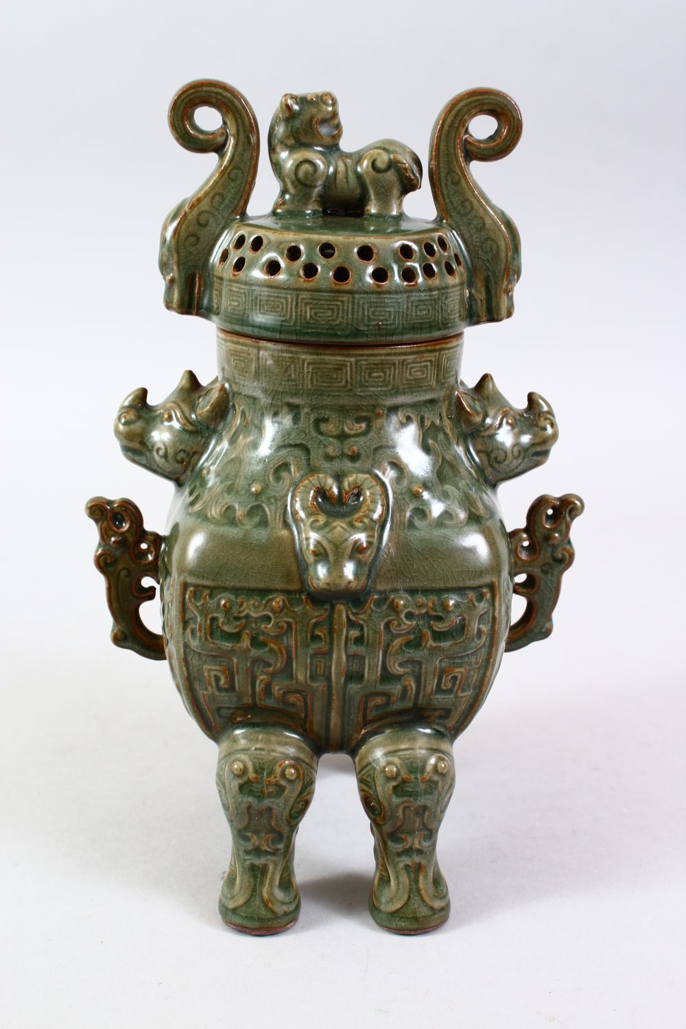 A GOOD CHINESE LONGQUAN PORCELAIN INCENSE BURNER, with moulded archaic style design with moulded - Image 2 of 7