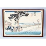 A GOOD JAPANESE MEIJI PERIOD WOODBLOCK PRINT OF FIGURES IN LANDSCAPES, the figures working in a