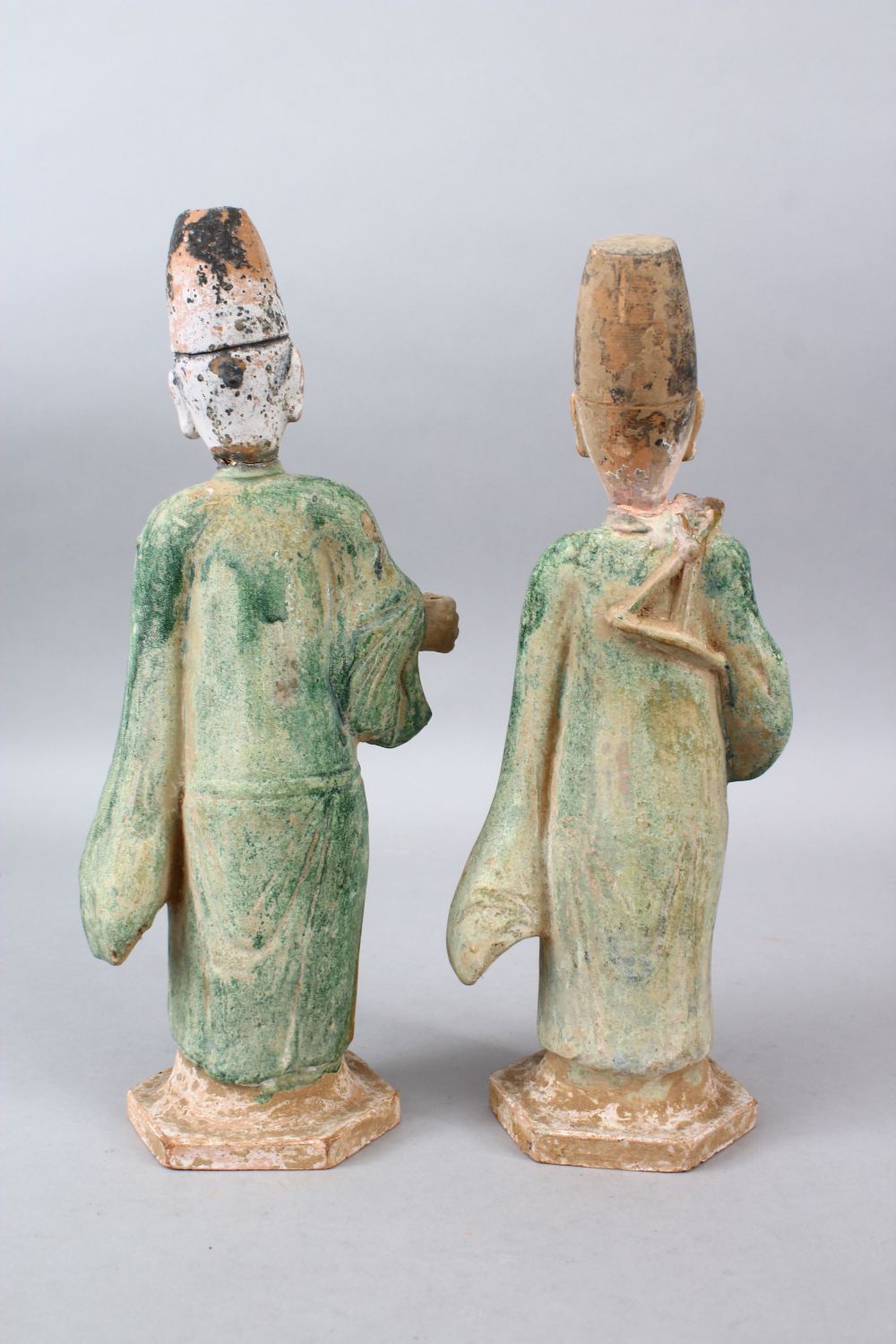 A PAIR OF 19TH CENTURY MING STYLE TERRACOTTA FIGURES OF MEN, the bodies with painted detailing, 35cm - Image 3 of 5