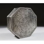 A FINE INDIAN 19TH/20TH CENTURY OCTAGONAL SHAPED FILIGREE SILVER BOX, with hinged cover, 12cm wide.