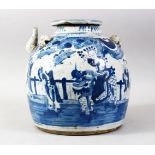 A LARGE CHINESE BLUE & WHITE PORCELAIN OIL POT & COVER, the body decorated with scenes of boys in