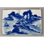 A 19TH CENTURY CHIENSE BLUE & WHITE PORCELAIN TILE / PLAQUE, decorated in qianlong style with scenes