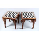A PAIR OF 19TH CENTURY INDIAN HARDWOOD INLAID CHESS TABLE, with ebony and ivory slither inlays,