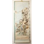 TWO PAIRS OF 20TH CENTURY CHINESE HANGING WATERCOLOUR PAINTED SCROLLS, one pair depicting scenes