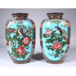 A PAIR OF LARGE JAPANESE MEIJI PERIOD CLOISONNE VASES, the vases with two main panels with birds and