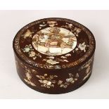 A GOOD 19TH CENTURY CHINESE WOOD & ABALONE SHELL INLAID BOX & COVER, the cylindrical box with inlaid