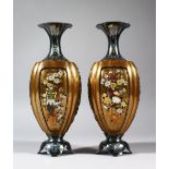 A FINE PAIR OF JAPANESE MEIJI PERIOD GOLD LACQUER & SHIBAYAMA VASES, the body of the vases finely