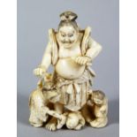 A GOOD QUALITY JAPANESE MEIJI PERIOD CARVED IVORY OKIMONO - RAIJIN, the god of thunder stood in