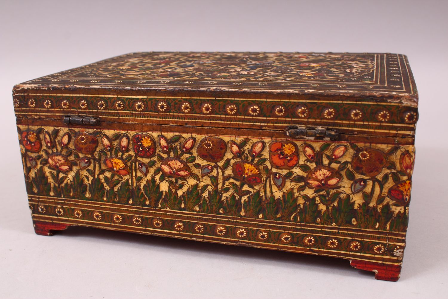 AN EARLY 19TH CENTURY KASHMIRI LACQUER BOX, painted with peacocks and flowers, with a fitted - Image 6 of 7