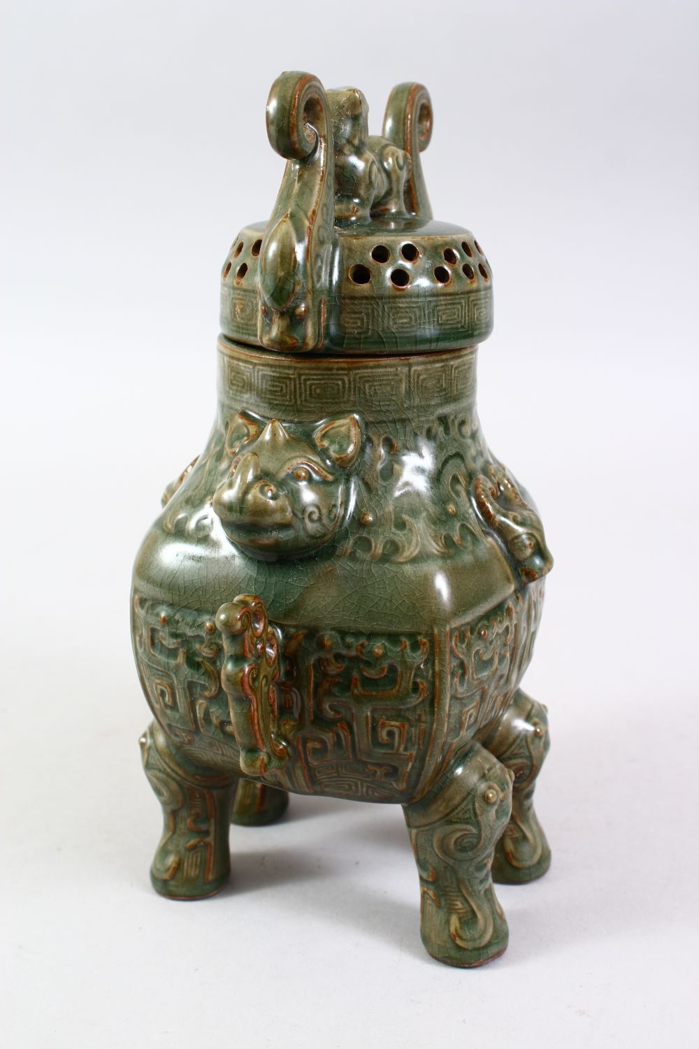 A GOOD CHINESE LONGQUAN PORCELAIN INCENSE BURNER, with moulded archaic style design with moulded - Image 3 of 7