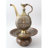 A VERY FINE 19TH CENTURY ISLAMIC DAMASCUS MAMLUK REVIVAL BRASS EWER AND BASIN, inlaid with silver