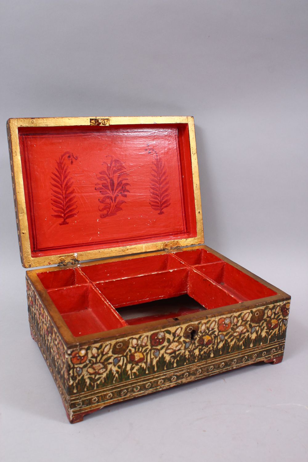 AN EARLY 19TH CENTURY KASHMIRI LACQUER BOX, painted with peacocks and flowers, with a fitted - Image 7 of 7